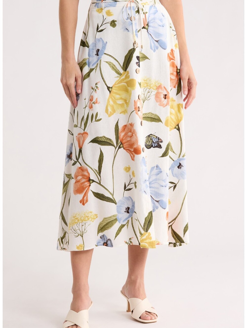 Ellen Tracy Cream Maxi Skirt with Blue, Orange, Yellow Floral Print